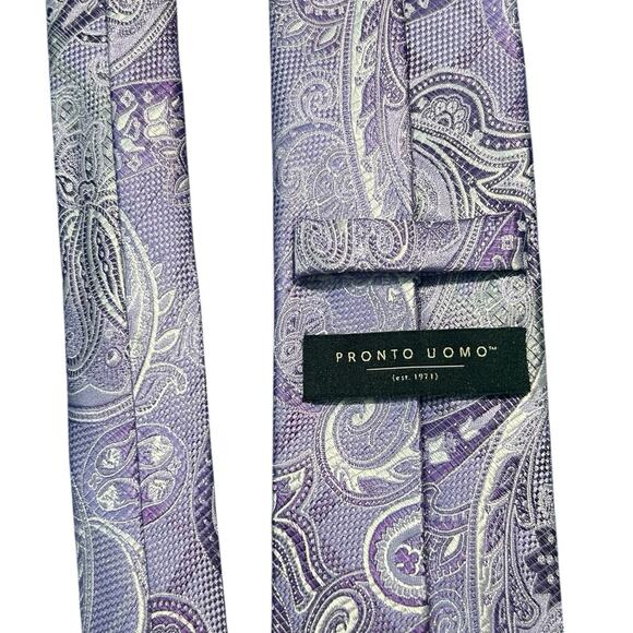 PRONTO UOMO Men's 100% Silk Skinny Necktie Designer PAISLEY Purple Silver EUC - Picture 3 of 7